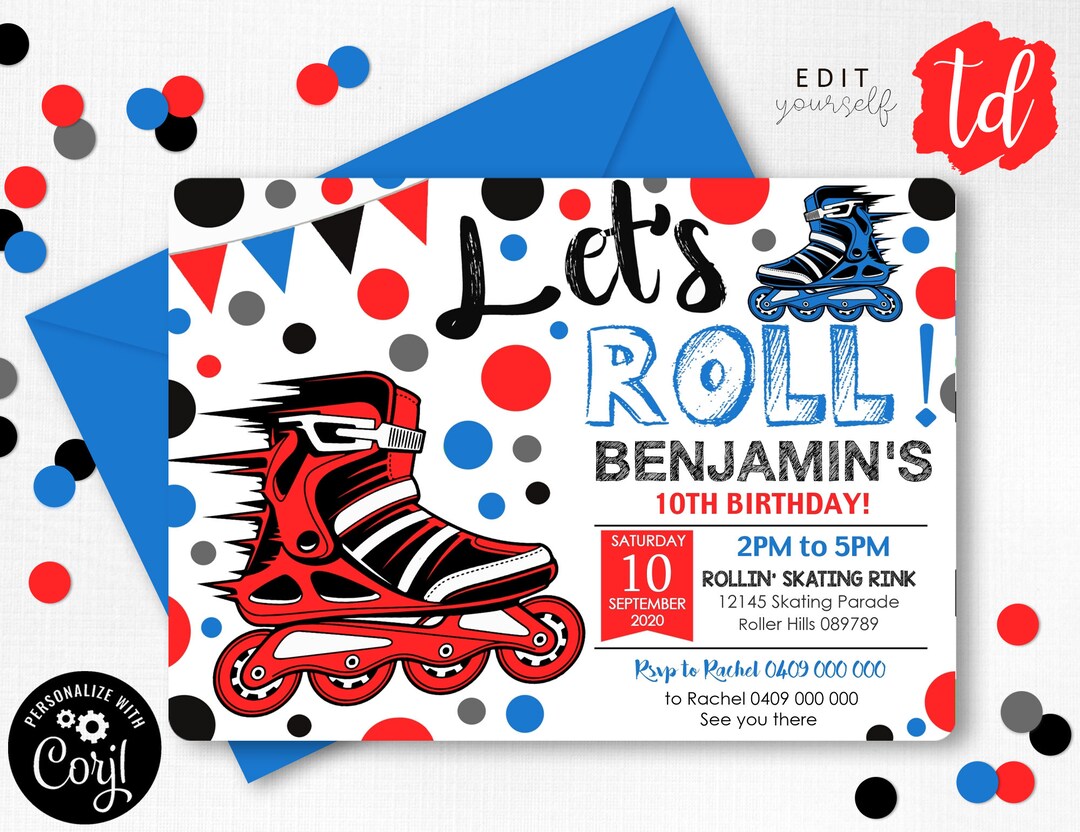 ROLLERBLADE PARTY INVITATION Red Blue Roller Blade Invitation Instant ...