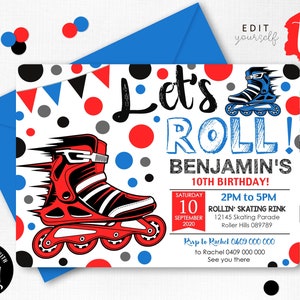 ROLLERBLADE PARTY INVITATION Red Blue Roller Blade Invitation Instant Download Rollerblade Birthday Boy Skating Party Invite Corjl Skate