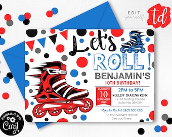 ROLLERBLADE PARTY INVITATION Red Blue Roller Blade Invitation Instant Download Rollerblade Birthday Boy Skating Party Invite Corjl Skate