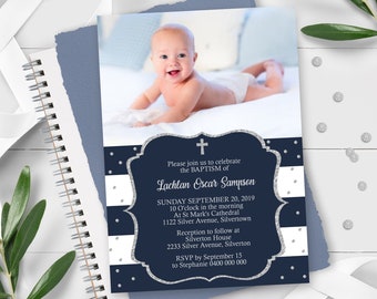 Boy Photo Baptism Invitation Instant Download Editable Baptism Invitation Navy Silver Boy Photo Christening invitation Corjl Baptism Invite