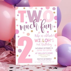 TWO MUCH FUN Birthday Invitation Editable Confetti 2nd Birthday Invitation Instant Download Girl 2nd Birthday Invitation pink purple 2nd