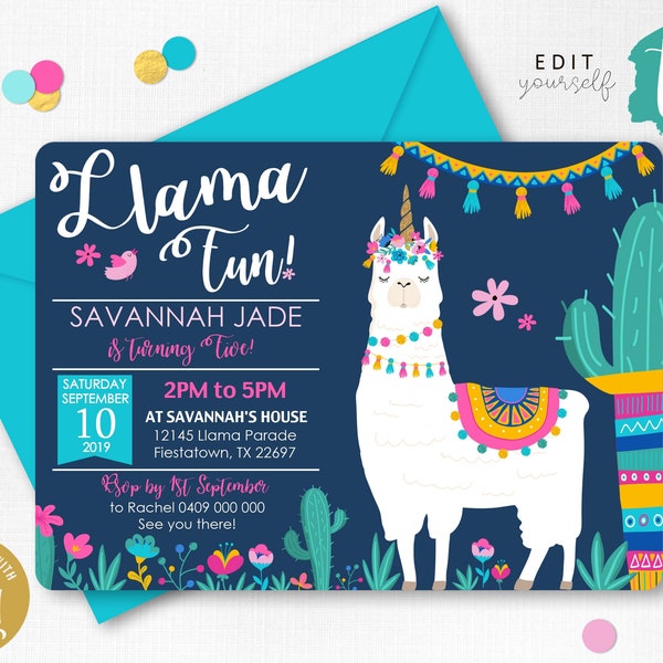 Llamacorn BIRTHDAY INVITATION Llamacorn Party Invitation Lllamacorn Invitation Llama Unicorn Invitation Editable Llama Invitation Llama Fun