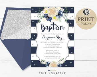Navy Floral Baptism Invitation, Instant Download, Navy Watercolor Flowers Baptism Invitation, Boy Baptism Invitation, Navy Stripes Baptism