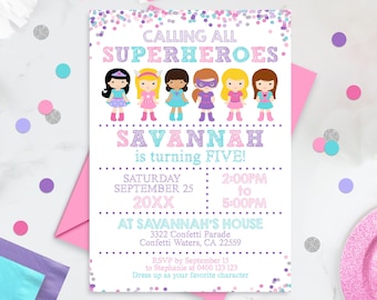 Girl Superhero Birthday Party Invitation: Editable Template (Digital Download)