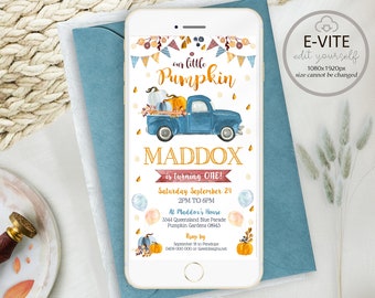 Pumpkin Truck Birthday E-vite SMS Boy Pumpkin 1st Birthday Invite Truck and Pumpkin electronic invitation Digital Boy Fall Birthday Ute Blue