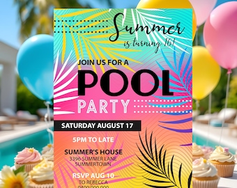Editable Pool Party Invitation: Teen Girl Birthday, Summer Tropical (Digital Download)