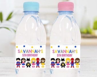 SUPERHERO WATER Labels Girl Editable Superhero Water Bottle label Printable Girl Superhero Party Decorations instant download Superhero