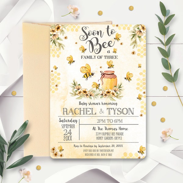 SUNFLOWER BEE BABY Shower Invitation Parents to bee invitation Editable Bee Invitation Beehive honeycomb Soon to be Family of Three Corjl