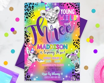 Young Wild and Three Safari Animals Invitation Editable Cheetah Invitation Digital Rainbow Cheetah Birthday Invitation Jungle Animals Party