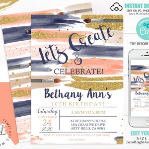 Puede incluir: Invitaci&oacute;n de fiesta de cumplea&ntilde;os editable con un fondo de acuarela en tonos azules, rosas y dorados. El texto dice "Let's Create & Celebrate! Bethany Ann's 10th Birthday!" con una fecha y hora. La invitaci&oacute;n est&aacute; decorada con pinceles y estrellas.