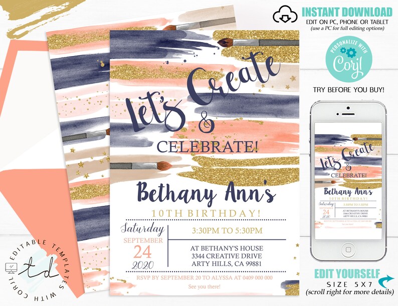 Puede incluir: Invitaci&oacute;n de fiesta de cumplea&ntilde;os editable con un fondo de acuarela en tonos azules, rosas y dorados. El texto dice "Let's Create & Celebrate! Bethany Ann's 10th Birthday!" con una fecha y hora. La invitaci&oacute;n est&aacute; decorada con pinceles y estrellas.