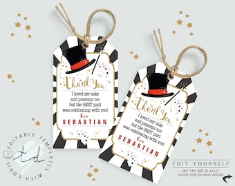 May include: Two black and white striped gift tags with a magician hat and wand design. The text on the tags reads "Thank You I loved my cake and presents too but the BEST part was celebrating with you! From SEBASTIAN". The tags are 2x3.5 inches.