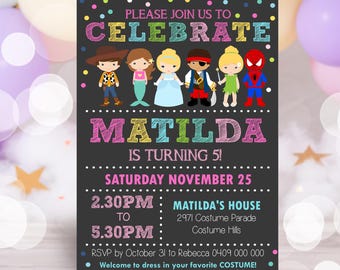 May include: A colorful chalkboard birthday party invitation for Matilda's 5th birthday party. The invitation features a chalkboard background with colorful polka dots and a cartoon illustration of children dressed as various characters. The text on the invitation reads "Please join us to celebrate Matilda is turning 5! Saturday November 25 2:30pm to 5:30pm Matilda's House 2971 Costume Parade Costume Hills RSVP by October 31 to Rebecca 0409 000 000 Welcome to dress in your favorite costume!"