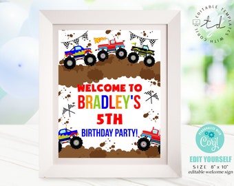 May include: Editable welcome sign for a monster truck themed birthday party. The sign is white with a brown background and features a colorful monster truck design. The text on the sign reads "Welcome to Bradley's 5th Birthday Party!"