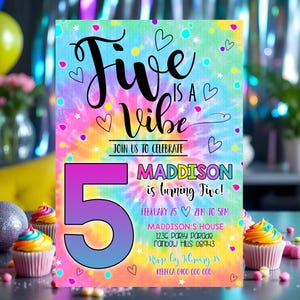 FIVE IS A VIBE Birthday Invitation Editable Five is a Vibe Birthday Invitation Tie Dye Digital 5th Birthday Invitation Download Girl Fifth