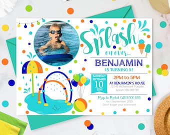 May include: A blue and white birthday invitation with a photo of a boy in a pool. The invitation says "Splash on over... Benjamin is turning 5!" with a date and time for the party. The invitation also includes a phone number and RSVP information.