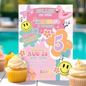 May include: A colorful invitation for a pool party, featuring the text "SPLASH on over Summer is turning 5". The design includes a flamingo floatie, smiley faces, and floral accents. The party is scheduled for August 20th, 1 PM to 5 PM.