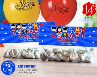 May include: Blue treat bag toppers with superhero illustrations and the text "THANK YOU". The bags are filled with wrapped candies. Balloons with "KABOOM" text are in the background. The design is for a party.