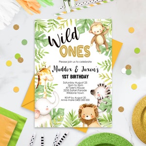 Wild Ones Jungle Birthday Invitation Twins 1st Birthday Invitations Safari 1st Birthday InvitationTwins Wild One Boy 1st Birthday Editable