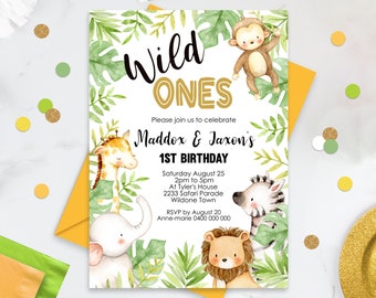 Wild Ones Jungle Birthday Invitation Twins 1st Birthday Invitations Safari 1st Birthday InvitationTwins Wild One Boy 1st Birthday Editable