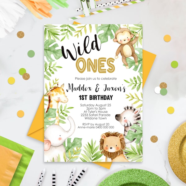 Wild Ones Jungle Birthday Invitation Twins 1st Birthday Invitations Safari 1st Birthday InvitationTwins Wild One Boy 1st Birthday Editable