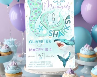 Puede incluir: Una invitación a una fiesta con temática de sirenas y tiburones. La invitación presenta una cola de sirena, una ilustración de tiburón y el texto "Calling All Mermaids & Sharks". La invitación es para la fiesta de cumpleaños de Oliver y Macey.