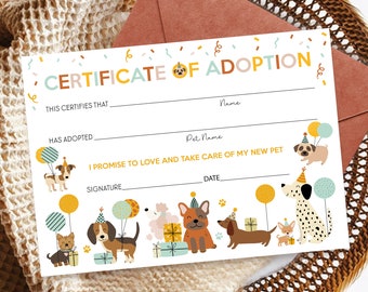 Dog Adoption Certificate: Lets Pawty Puppy Printable Certificate (Digital Download)