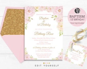 Girl BAPTISM 1ST BIRTHDAY Invitation, Instant Download, Girl 1st Birthday Baptism Invitation, Rose Baptism invitation, Floral Baptism