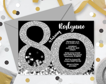 80th Birthday Invitation Instant Download Invitations Silver 80th Birthday Invitation Silver Glitter 80th Invitation Adult Birthday Invite