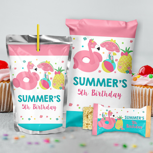 POOL PARTY SNACK Paket Bundle Mädchen Pool Party Chip und Saft Tasche Flamingo Pool Party Snacks Leckerlibeutel Bearbeitbare Pool Reis Krispies Etiketten