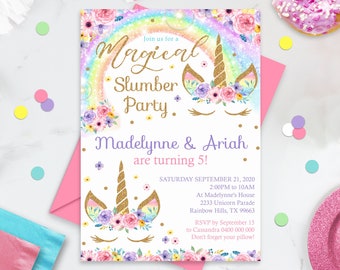 Editable RAINBOW UNICORN Twins Slumber Party Invitation Twins Sleepover Invitation Instant Download Twins Unicorn Slumber Party Invite 0210