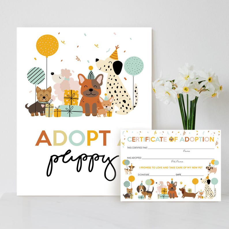 Op de afbeelding: Een printbaar adoptiecertificaat voor een puppy. Het certificaat heeft een kleurrijk ontwerp met honden die feestmutsen dragen en cadeautjes vasthouden. De tekst op het certificaat luidt "Adoptie certificaat" en "Dit certificaat bevestigt dat...  ... heeft geadopteerd."