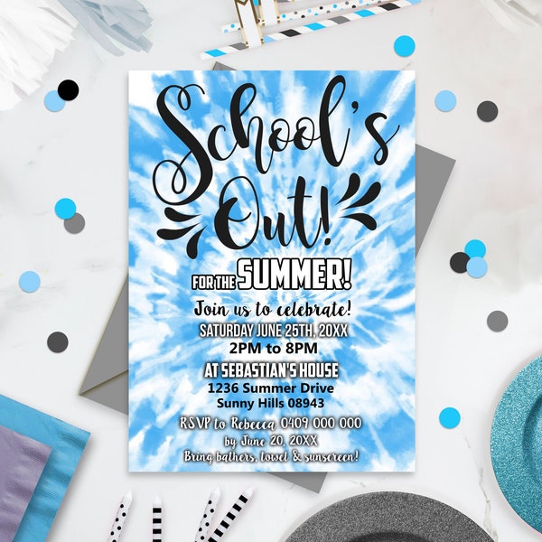 End of School Party Tie Dye Schools Out Party Invitation Printable SHOOL'S OUT Instant download School's out for Summer Invitation Corjl