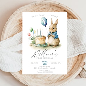 Peter Rabbit First Birthday Invitation Editable Some Bunny Invite Vintage Bunny 1st Birthday Invitation Boy Peter Rabbit Party Invitation