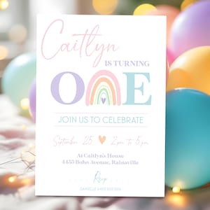 RAINBOW 1st Birthday Invitation: Editable Pastel Boho Invite (Digital Download)