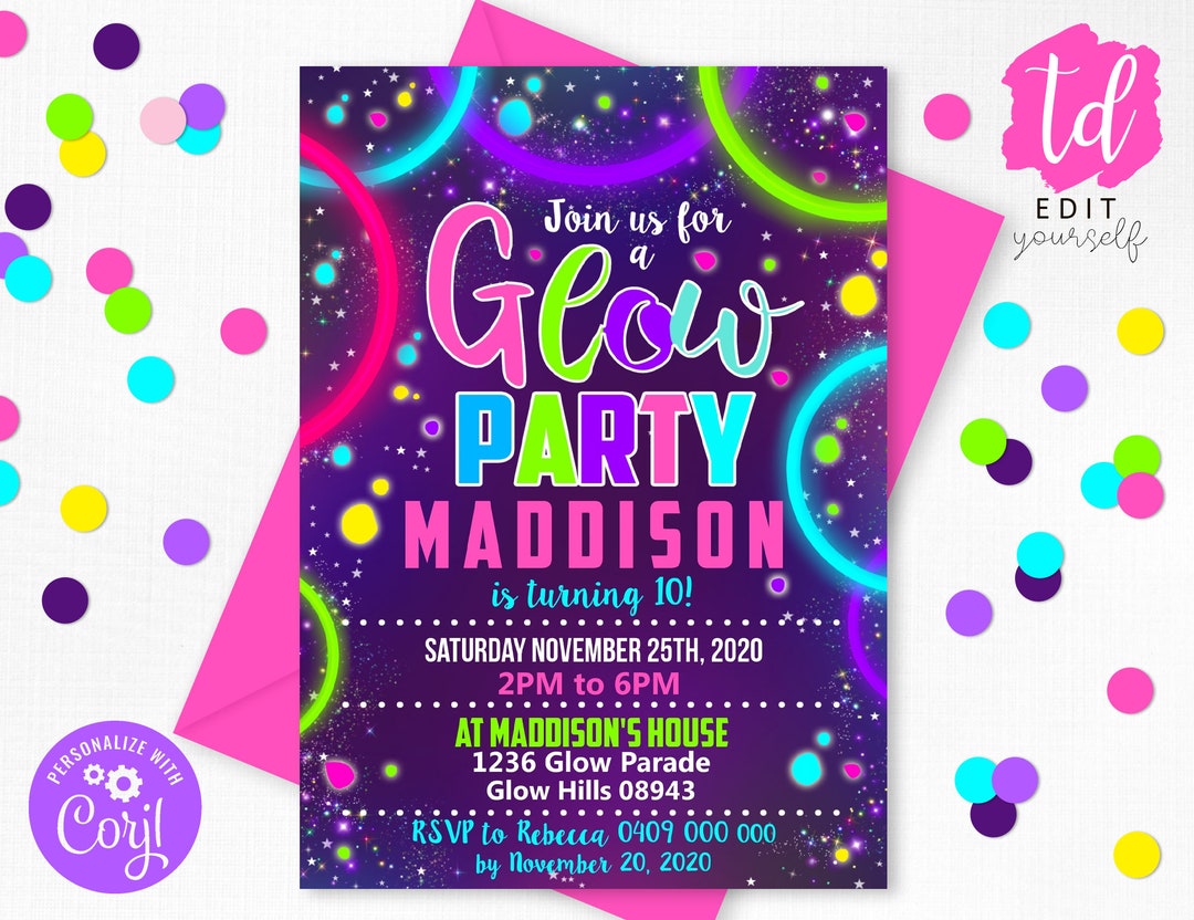GLOW PARTY INVITATION Glow Invitation Neon Glow Party Invitation Glow Birthday Invitation