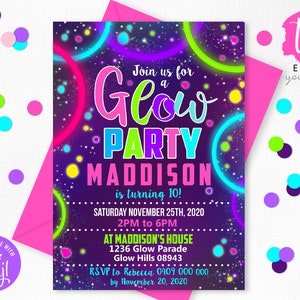 May include: A purple and black glow-in-the-dark party invitation with neon green, pink, and yellow circles. The text reads "Join us for a Glow Party Maddison is turning 10! Saturday November 25th, 2020 2PM to 6PM at Maddison's House 1236 Glow Parade Glow Hills 08943 RSVP to Rebecca 0409 000 000 by November 20, 2020".
