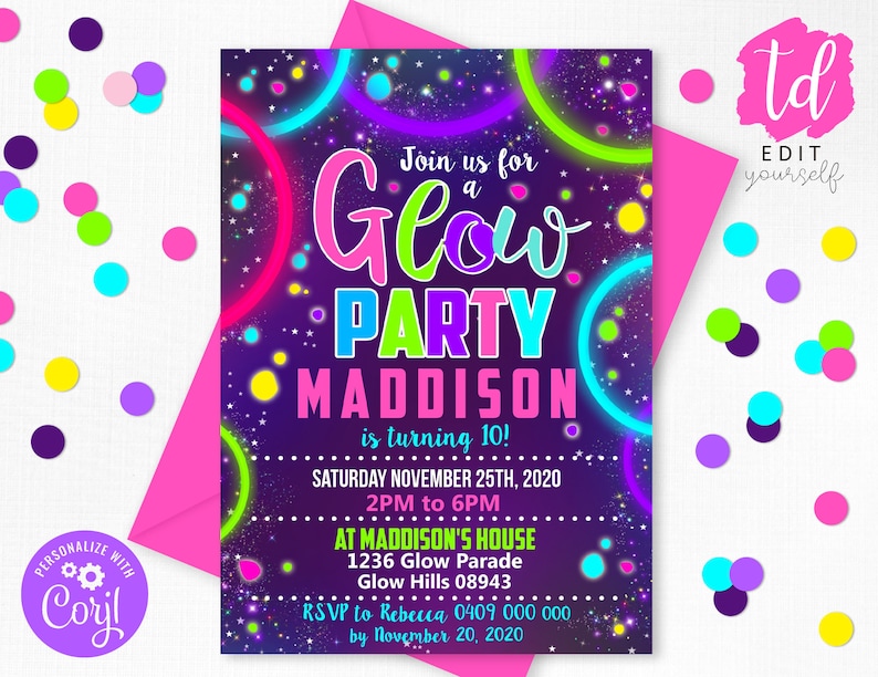 May include: A purple and black glow-in-the-dark party invitation with neon green, pink, and yellow circles. The text reads "Join us for a Glow Party Maddison is turning 10! Saturday November 25th, 2020 2PM to 6PM at Maddison's House 1236 Glow Parade Glow Hills 08943 RSVP to Rebecca 0409 000 000 by November 20, 2020".