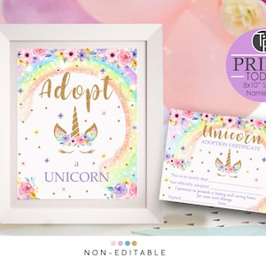ADOPT A UNICORN Certificate Printable Unicorn Party Game Rainbow Unicorn Game Adopt a Unicorn Rainbow Adopt a Unicorn Certificate Sign 0210