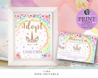 ADOPT A UNICORN Certificate Printable Unicorn Party Game Rainbow Unicorn Game Adopt a Unicorn Rainbow Adopt a Unicorn Certificate Sign 0210