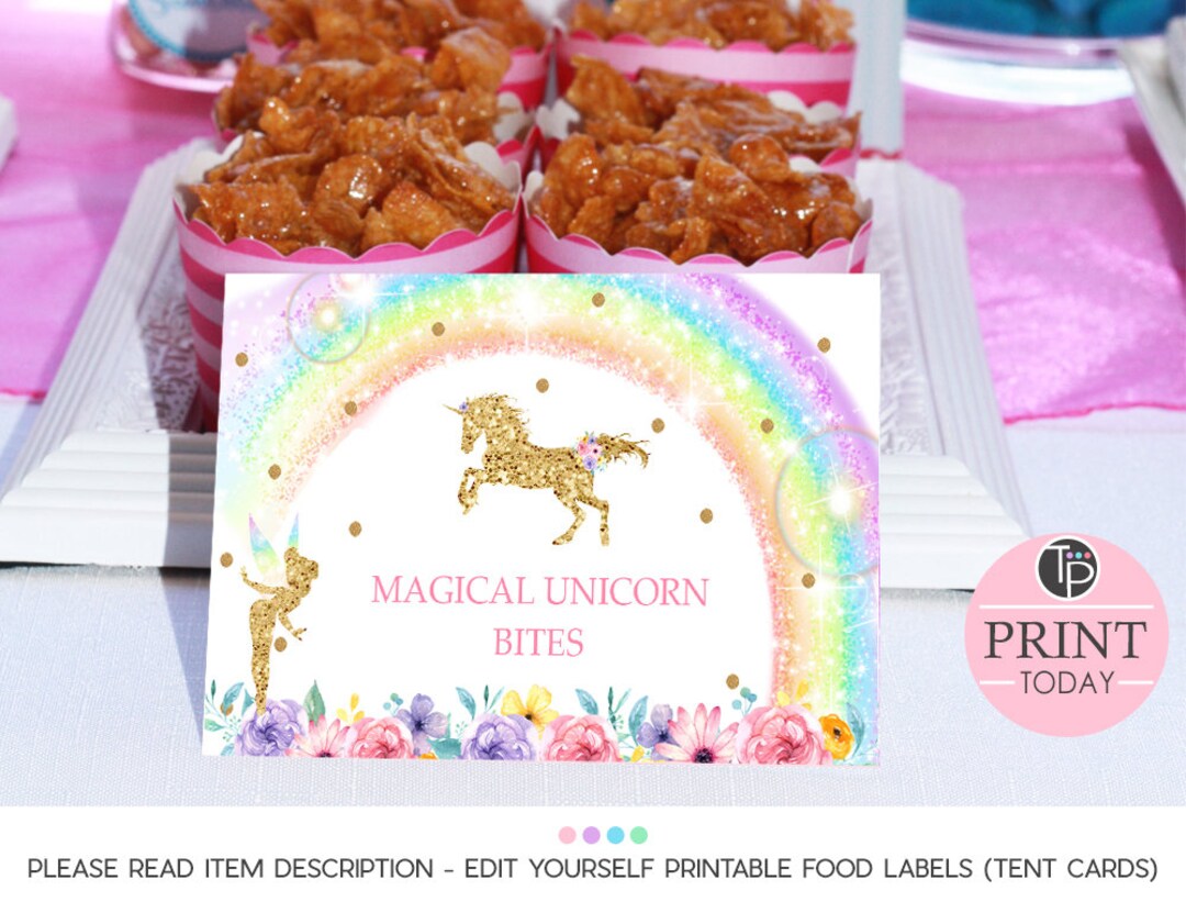 Rainbow Unicorn Fairy Food Labels, Instant Download, Food Tent Cards ...