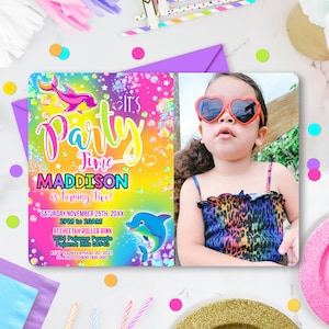 DOLPHIN Party Invitation Editable Rainbow Dolphin Photo Invitation Instant Download Dolphin Birthday Invitation Rainbow Dolphin Pool Party