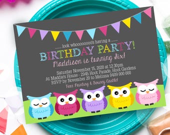 May include: A birthday party invitation with a chalkboard background and colorful bunting. The text reads "look whoooooooo's having a... BIRTHDAY PARTY! Maddison is turning six!" with details about the party, including the date, time, location, and RSVP information. The invitation features a row of five colorful owls with closed eyes.