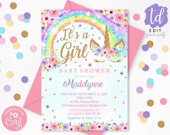 UNICORN BABY SHOWER Rainbow Invitation Rainbow Unicorn Baby Shower Instant Download Girl Baby Shower Invitation Girl Baby Shower Corjl  0210