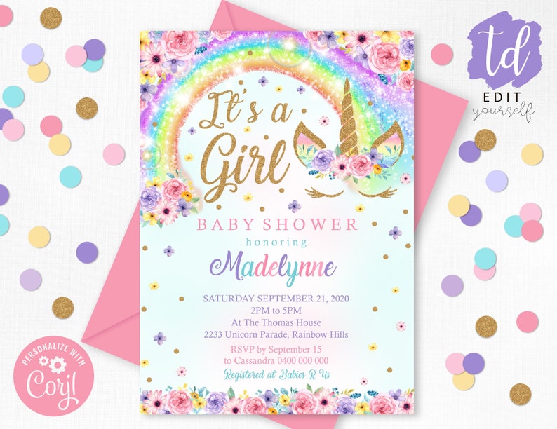 unicorn theme baby shower invitations