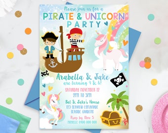 PIRATE UNICORN Birthday Invitation Editable Sibling Party Invitation Digital Unicorn Pirate Invitation Boy and Girl Invitation Joint Party