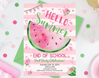 END OF SCHOOL Invitation Birthday Invitation Watermelon Hello Summer Invitation Melon Invitation Editable Schools Out Melon Invitation Corjl