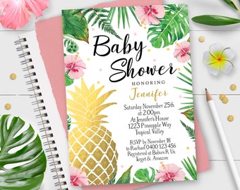 TROPICAL Baby Shower Invitation Instant Download Gold Pineapple Baby Shower Invitation Tropical Leaves Baby Shower Invitation Corjl 0232