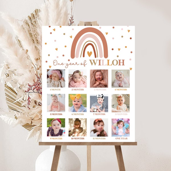 BOHO RAINBOW Baby's 1st Year Photo Board Editable First Year Photo Collage Printable One Year of Photo Board Template 1st Birthday Poster