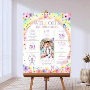 FARFALLA ARCOBALENO PIETRA MILIARE Segno modificabile Farfalla Scheda pietra miliare Ragazza 1° compleanno Foto Pietra miliare Modello Poster Farfalla Prima nascita